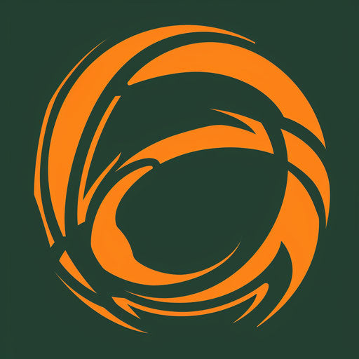 Bold, circular basketball logo on dark green background