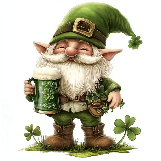 St. Patrick's Day, a cute gnome with a big hat and a green beer mug full of Irish coffee on clover leaf background, Sublimation Clipart illustration, high resolution