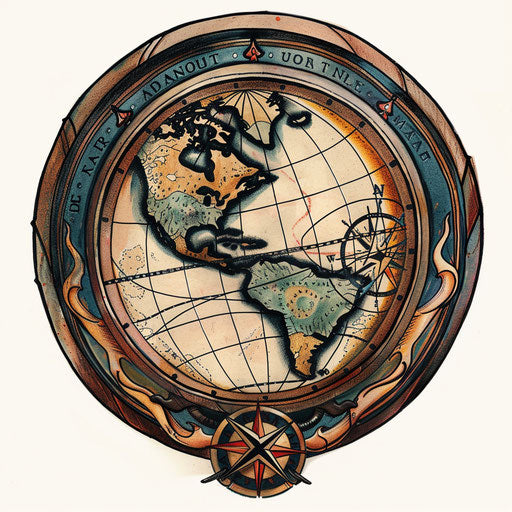 Adventurous flat tattoo sketch of a globe with a compass and old map, earthy browns and navy, clipart style