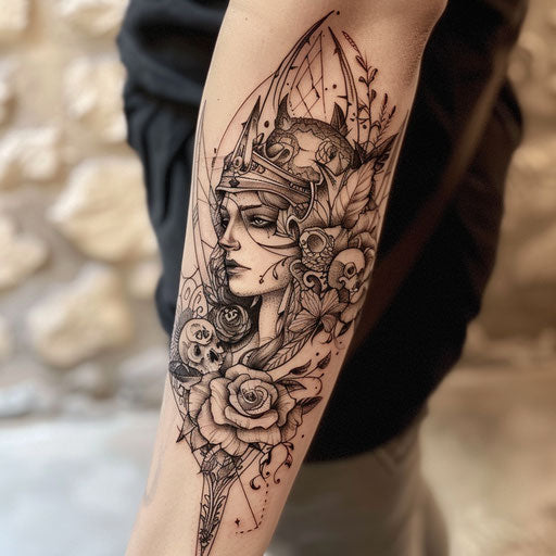 Gothic style tattoo of Athena with dark intricate designs on white background.