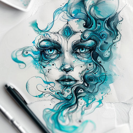 Ocean-inspired flat tattoo with watercolor effects