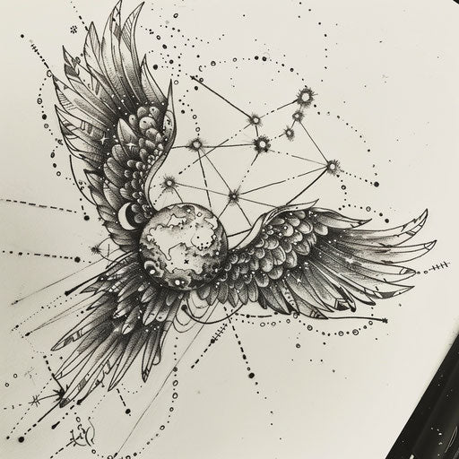 Sketch of celestial Aries constellation tattoo with angelic wings and celestial bodies