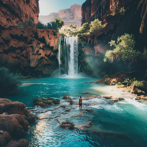 Havasu Falls with clear waters and rugged cliffs
