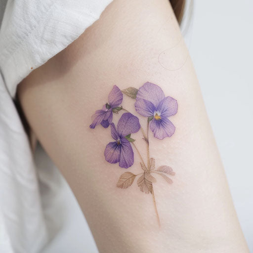 Pastel-toned violet flower tattoo on white background