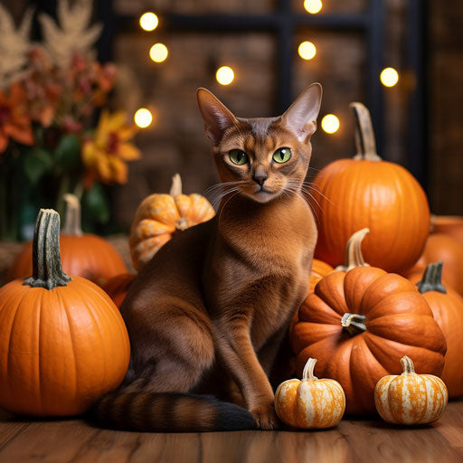 Abyssinian cat resting with pumpkins
