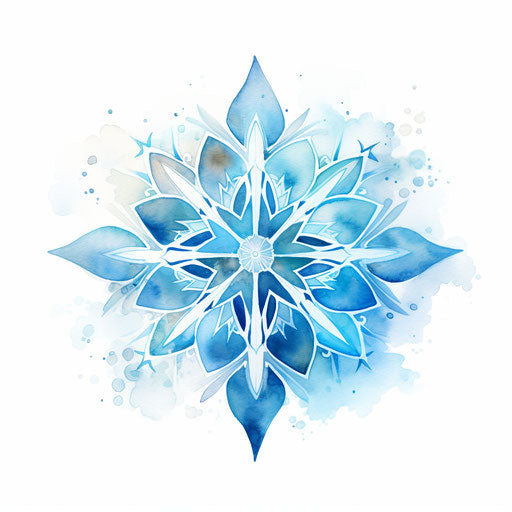 Blue stylized abstract snowflake on warm watercolor surface