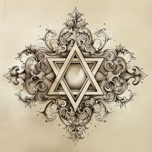 Baroque tattoo sketch of a Star of David with ornate details and classic flourishes