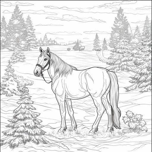 Horse in a snowy landscape with fir trees around