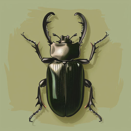 Illustration of a beetle with a flat, muted olive background