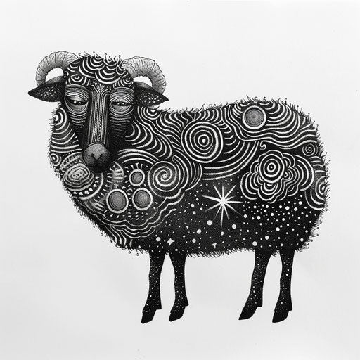 Black sheep with cosmic patterns, tattoo sketch