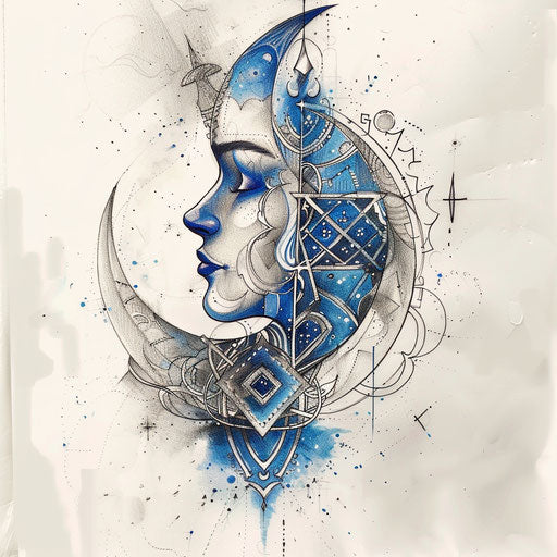 Mystical half moon with hidden face among mystical symbols