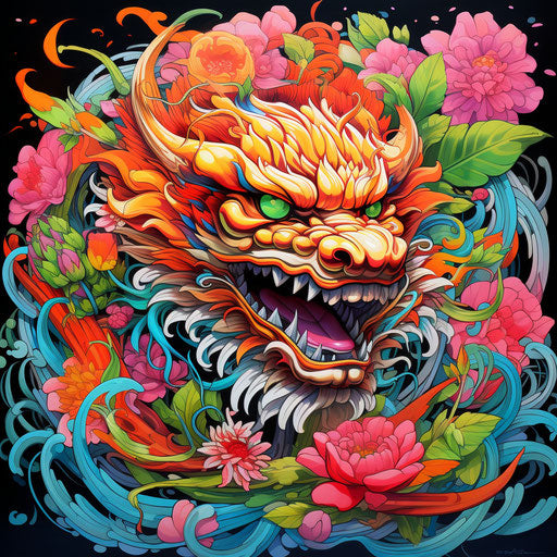 Chinese dragon and lotus flower poster, graffiti-inspired animals style, vibrant neo-traditional, restrained serenity, colorful art