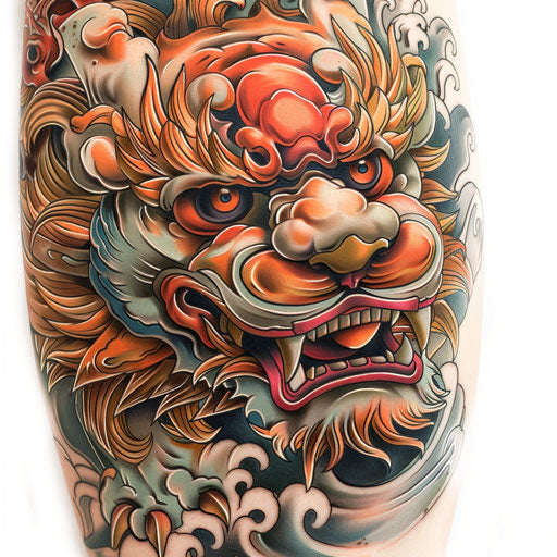 Realistic foo dog tattoo, detailed shading