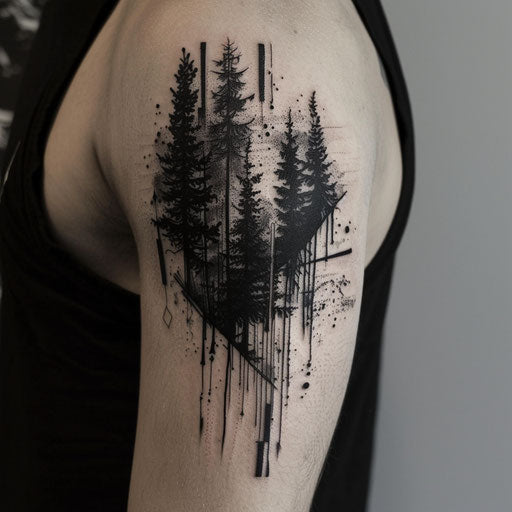 Stylized tattoos of an abstract forest on the shoulder