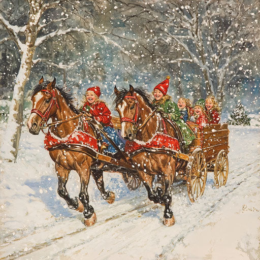 Festive wagon ride with sorrel horses and laughing children in snow-covered park