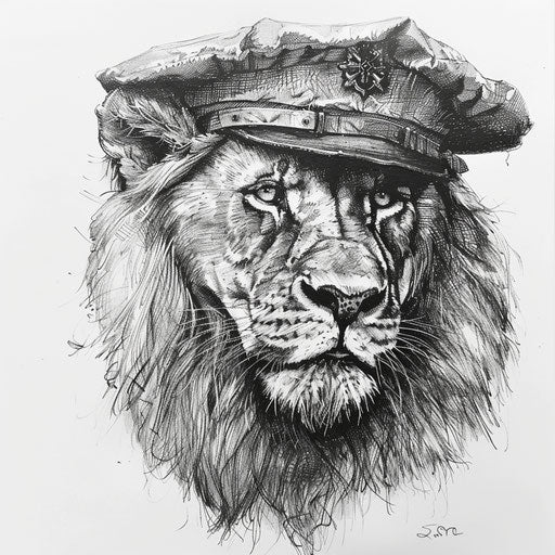 Ink drawing of a lion in a military beret, courage and leadership, on stark white paper.