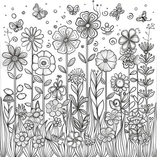 Whimsical garden scene with flowers and butterflies. Coloring book page