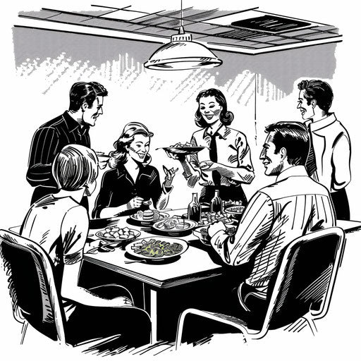 Office coworkers eating together in black and white clipart.