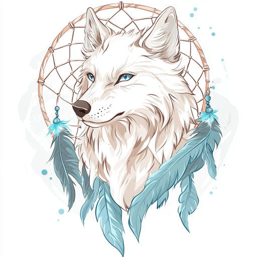 Clipart style flat tattoo sketch wolf and dreamcatcher