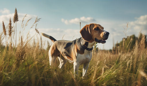 Beagle walking through tall grass with owner in graceful restraint style, light brown and navy, ferrania p30, hard-edged, farm security administration aesthetics, princesscore 12:7