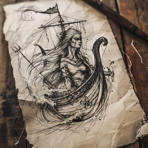 Rustic flat tattoo sketch of Freya in a Viking longship on the stormy sea