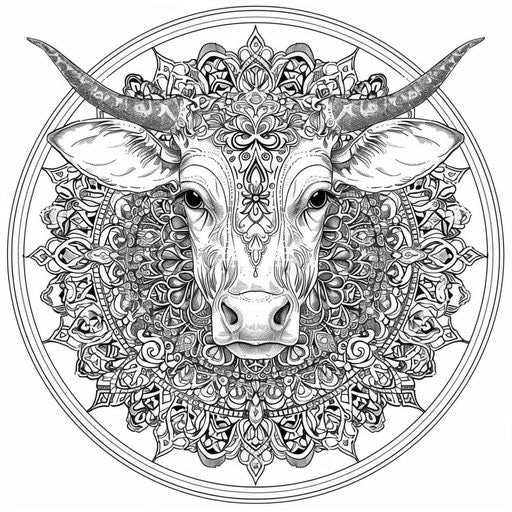Detailed cow mandala with intricate patterns. Coloring book page