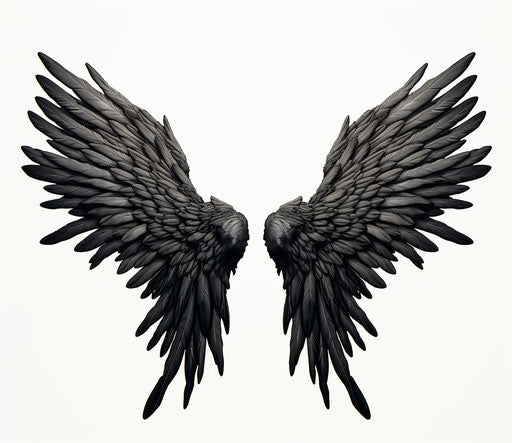 Illustration of two wings on white background, Andrea Mantegna style, dark black, ultra realistic, Ferrania P30, rounded, Kerby Rosanes, digitally enhanced 38:33
