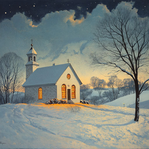 Chapel in snowy landscape at twilight