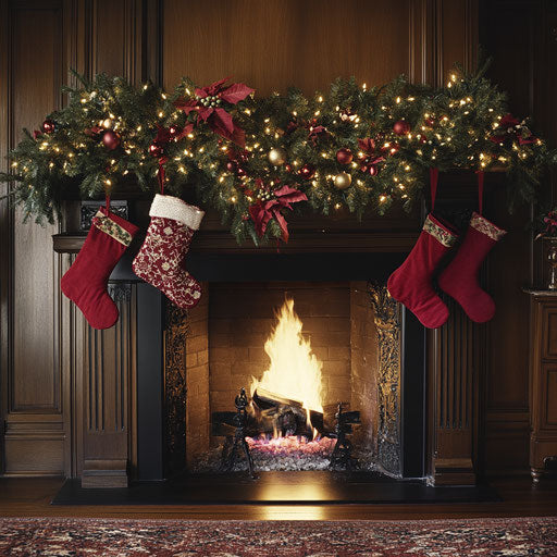 Christmas garland on fireplace with stockings and crackling fire