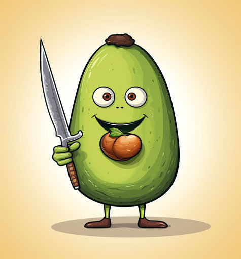 An avocado with a knife drawn, healthy food, cartoon character