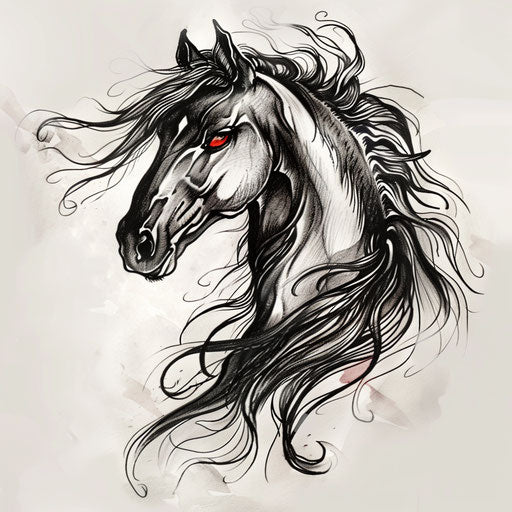 Bold flat sketch of a dark horse head with fierce eyes and flowing mane