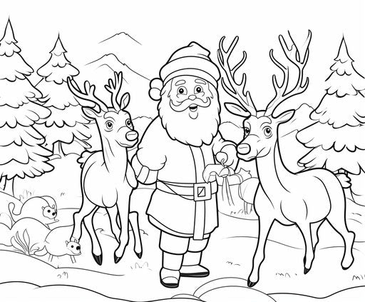 Christmas and reindeer coloring pages, kawaii style, black and white contrasts, dynamic and spontaneous, joyful celebration of nature, colorful and playful 6:5