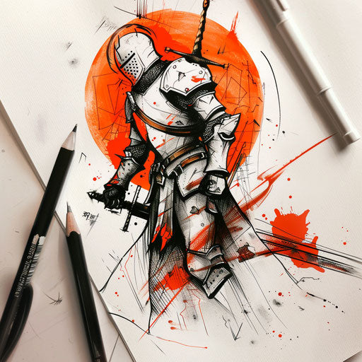 Modern tattoo sketch of a knight in combat