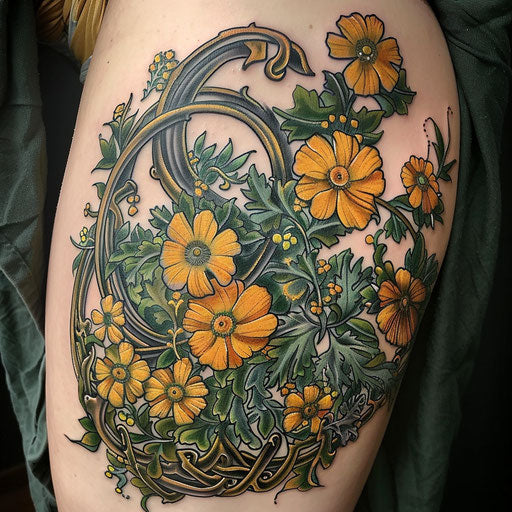Celtic wildflower tattoo, knotwork patterns, green and gold accents, mythical