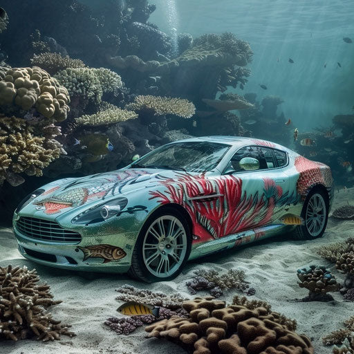 Underwater-themed Aston Martin DB7 Zagato with coral and fish decals next to coral reef