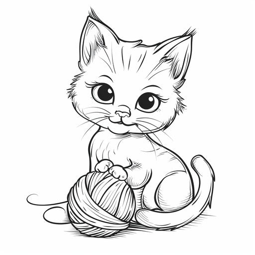 Cat with yarn ball, cartoon, coloring book page