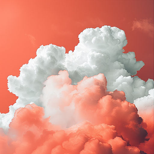 Realistic cloud png clipart on flat vibrant coral background