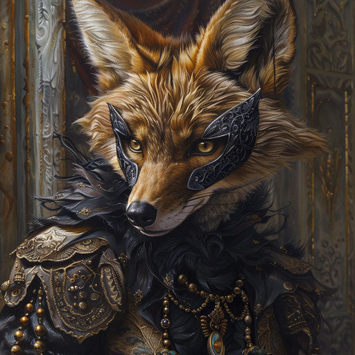 A coyote at an elegant masquerade ball with a sophisticated mask