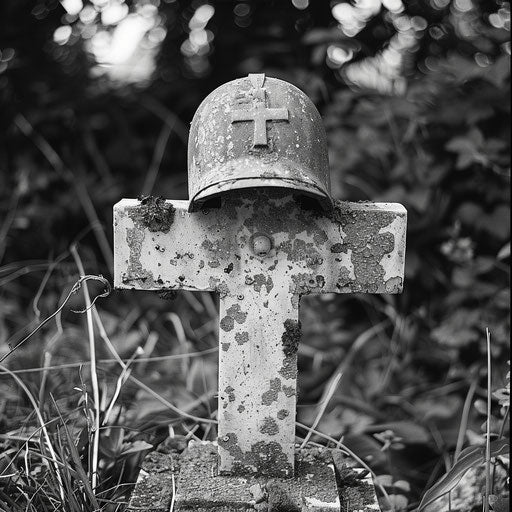 Sailor's grave marked by a cross with a helmet on top