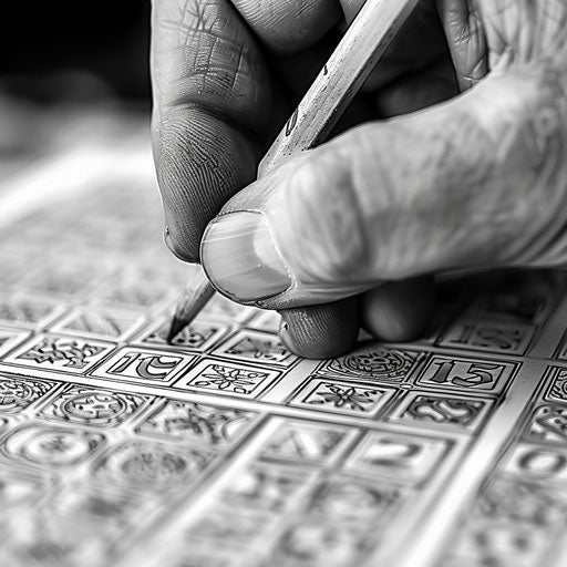 Marking off a number on a bingo card. Coloring book page