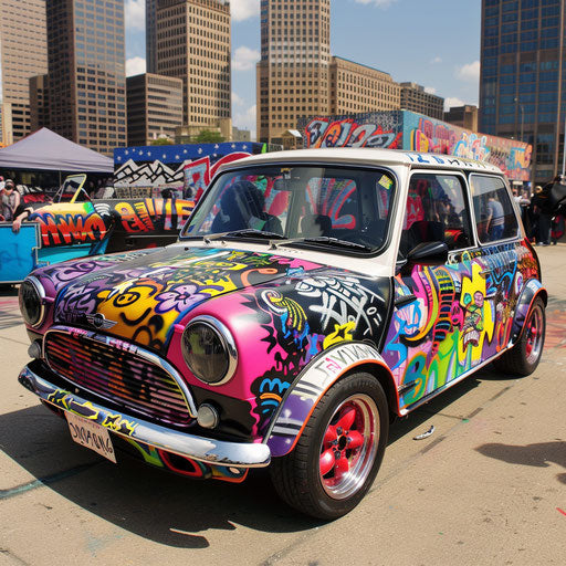 Psychedelic graffiti art car parked at urban art festival