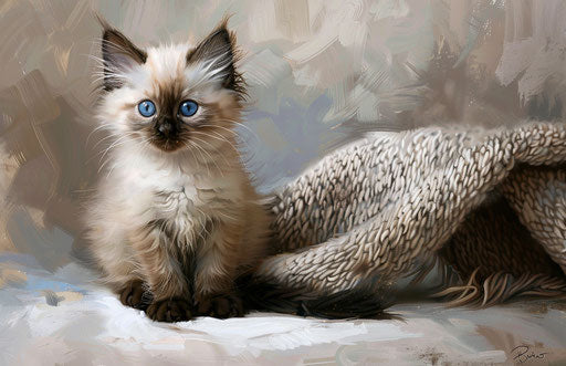 Kitten next to white blanket, light beige and dark blue