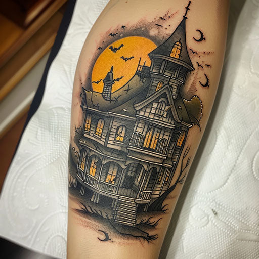 Creepy haunted house tattoo on full moon background