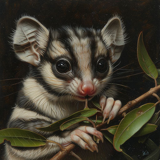 A close-up of a sugar glider clutching a small branch