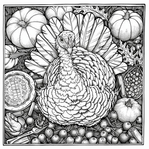 Cute turkey with Thanksgiving-themed background - coloring book
