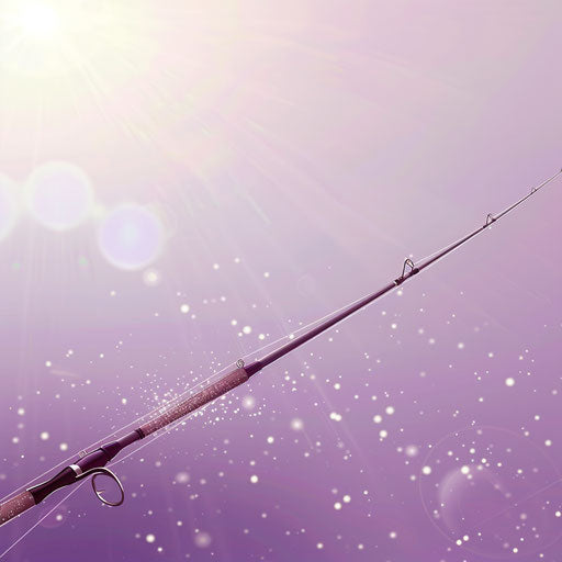 Fishing pole on flat lavender background with realistic touch