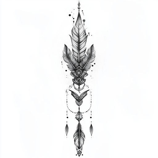 Bohemian-style arrow and feathers upper arm tattoo sketch