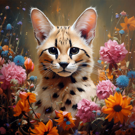 A serval cat in a flower bed with beautiful flowers