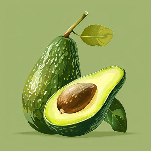 Avocado clipart in a realistic depiction with a flat, muted olive background, focusing on soft gradients and refined linework