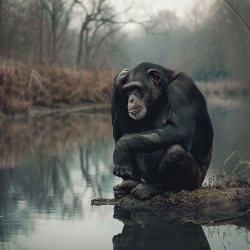 Chimpanzee sitting near a serene pond